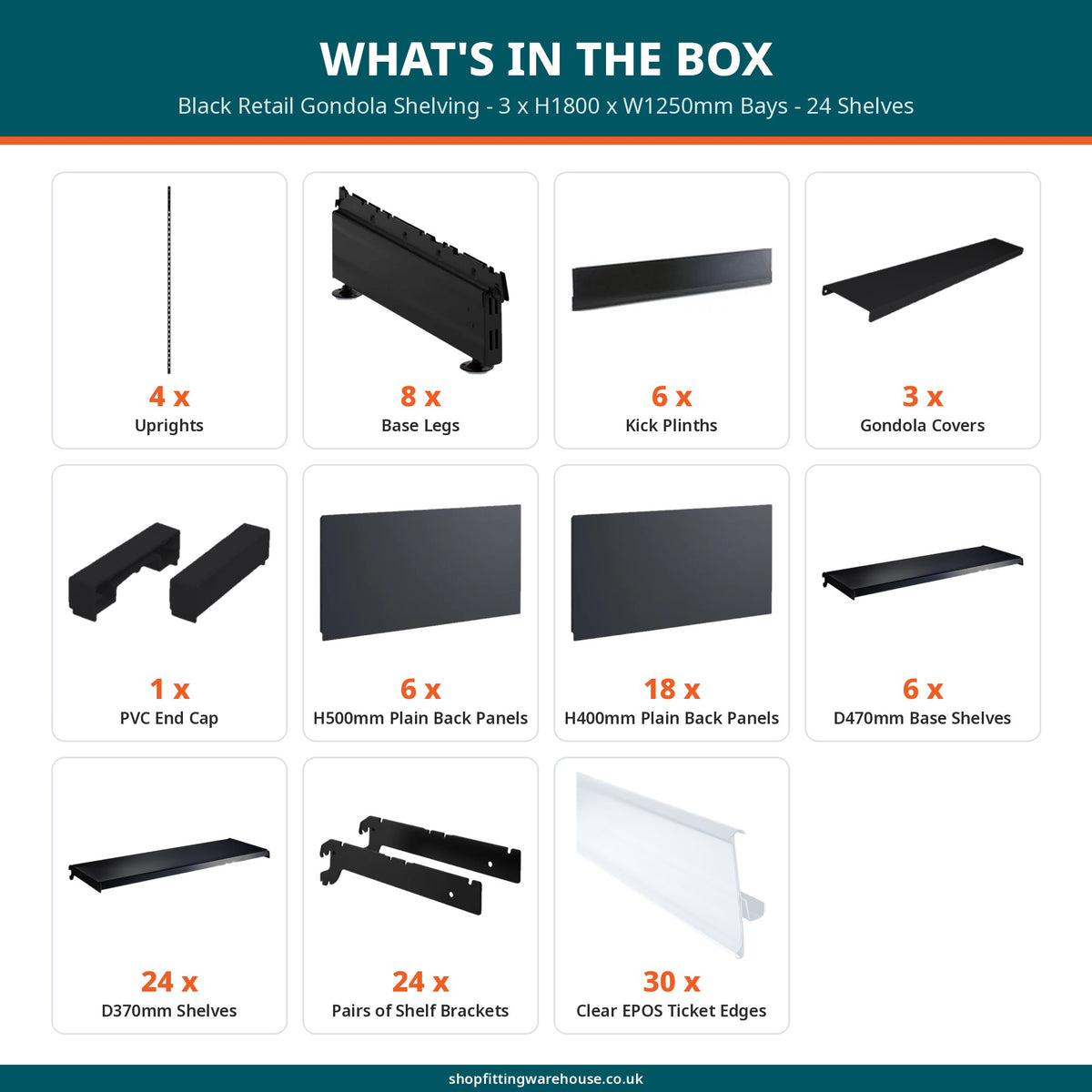 Black Retail Gondola Shelving - 3 x H1800 x W1250mm Bays - 24 Shelves