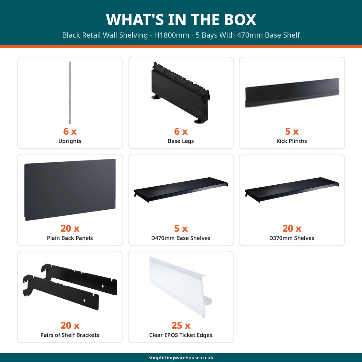 Black Retail Wall Shelving - H1800mm - 5 Bays With 470mm Base Shelf
