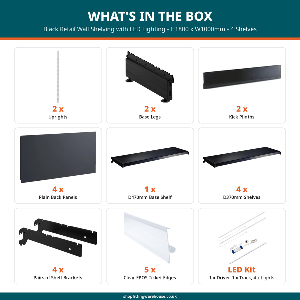 Black Retail Wall Shelving with LED Lighting - H1800 x W1000mm - 4 Shelves