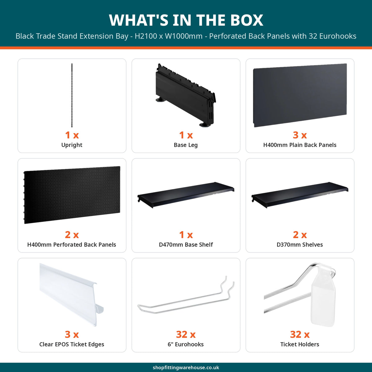 Black Trade Stand Extension Bay - H2100 x W1000mm - Perforated Back Panels with 32 Eurohooks