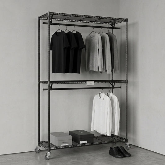 Black Wire Clothes Rack with Wheels - H2175mm - 2 x Rail & 3 x Shelves