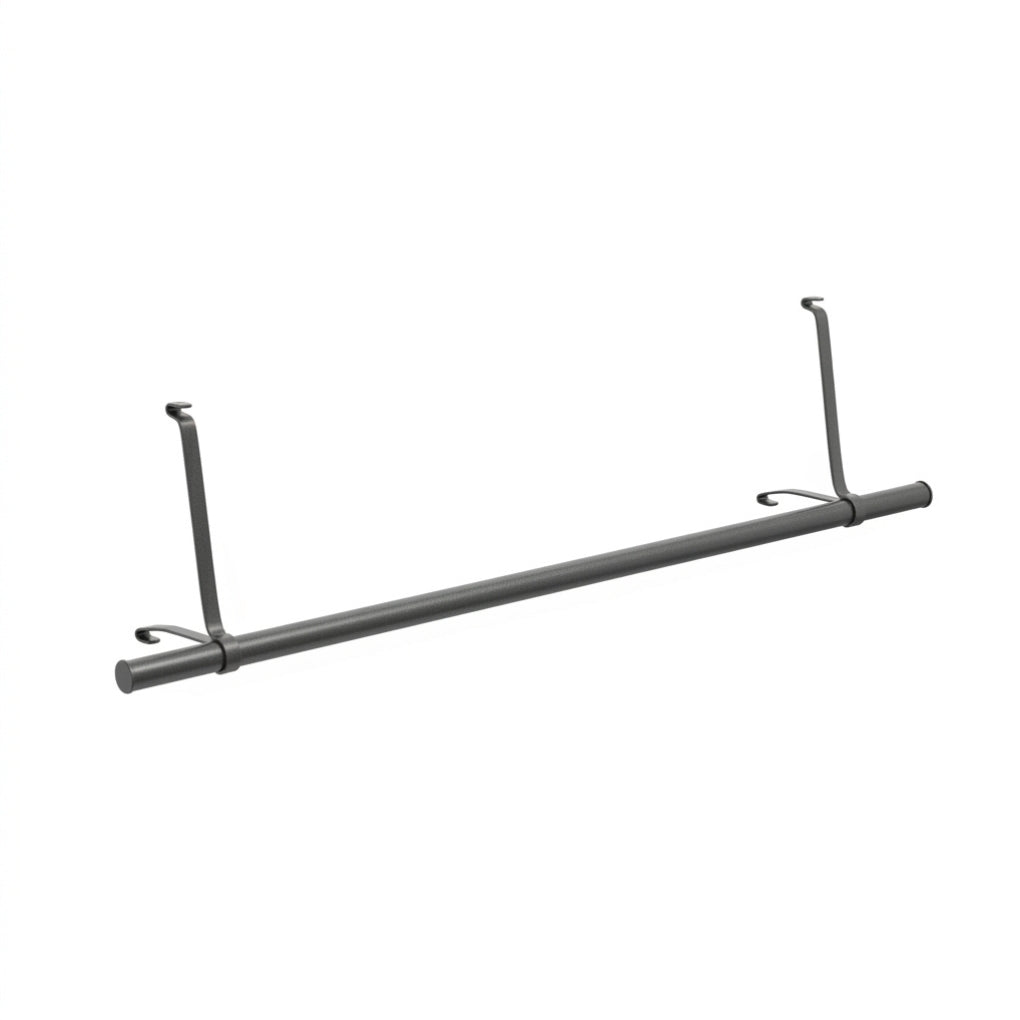 A dark gray metal wall-mounted rod with two vertical support arms and small hook-like details at the ends, shown on a plain white background.