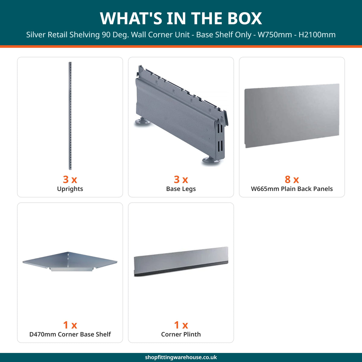 Silver Retail Shelving 90 Deg. Wall Corner Unit - Base Shelf Only - W750mm - H2100mm