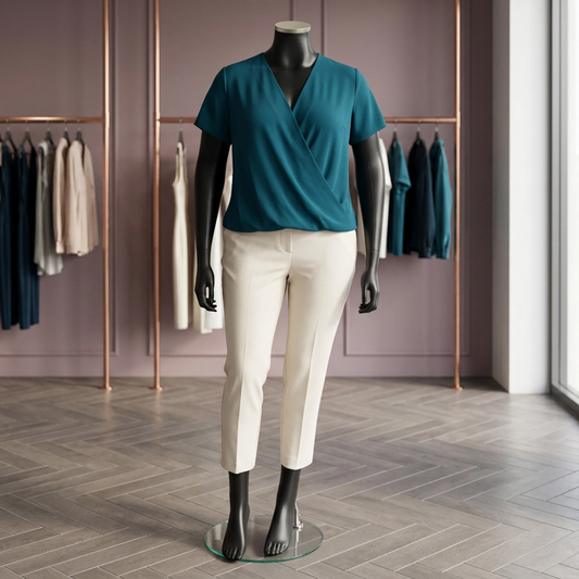 Curve female matt-black mannequin in a mauve-and-copper boutique
