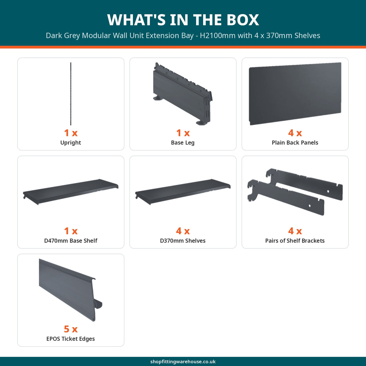 Dark Grey Modular Wall Unit Extension Bay - H2100mm with 4 x 370mm Shelves
