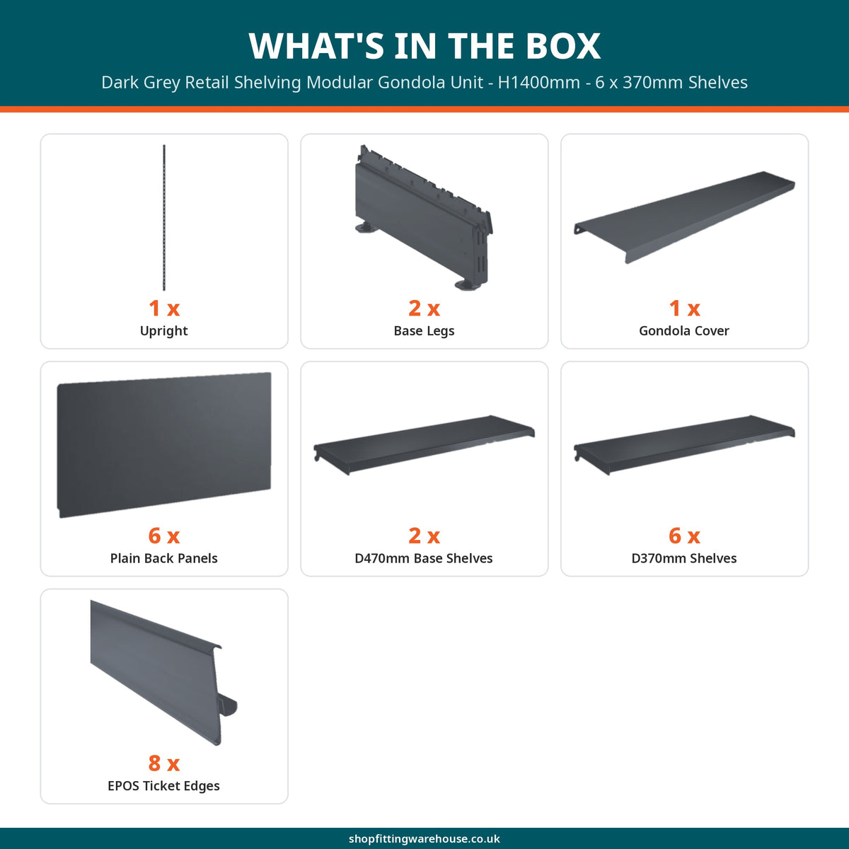 Dark Grey Retail Shelving Modular Gondola Unit - H1400mm - 6 x 370mm Shelves