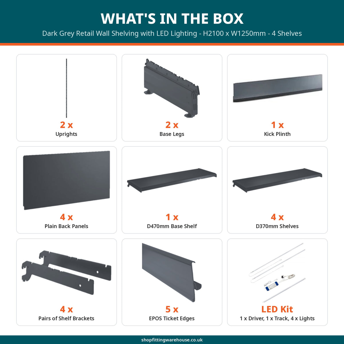 Dark Grey Retail Wall Shelving with LED Lighting - H2100 x W1250mm - 4 Shelves