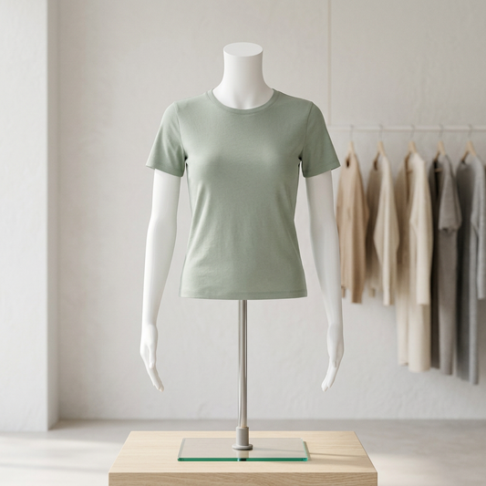Female half-form mannequin on square stand in a womenswear boutique