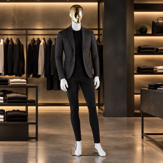 Focus male mannequin with gold face in a menswear shop
