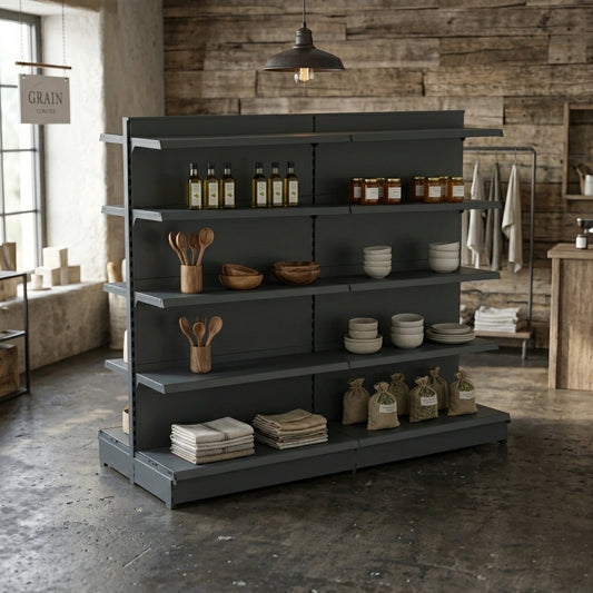 Dark Grey Retail Gondola Shelving - H1800mm - 2 Bays With 470mm Base Shelf - 16 Shelves