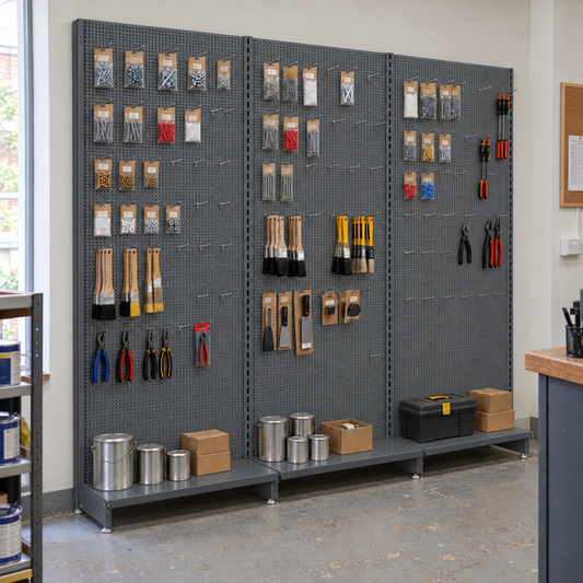 Three connected Dark Grey perforated shelving bays displaying unbranded fixings and tools in a DIY shop