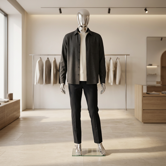 Male chrome faceless mannequin dressed in neutral menswear in a contemporary boutique