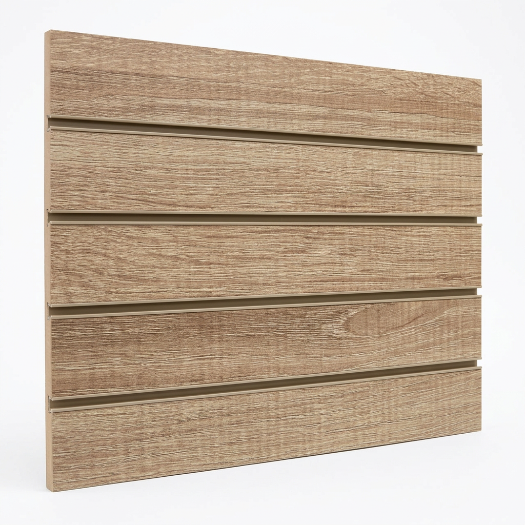 Continuous Rustic Oak inserts fitted across the full width of a slatwall panel