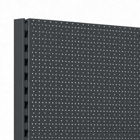 Dark grey perforated wall shelving detail