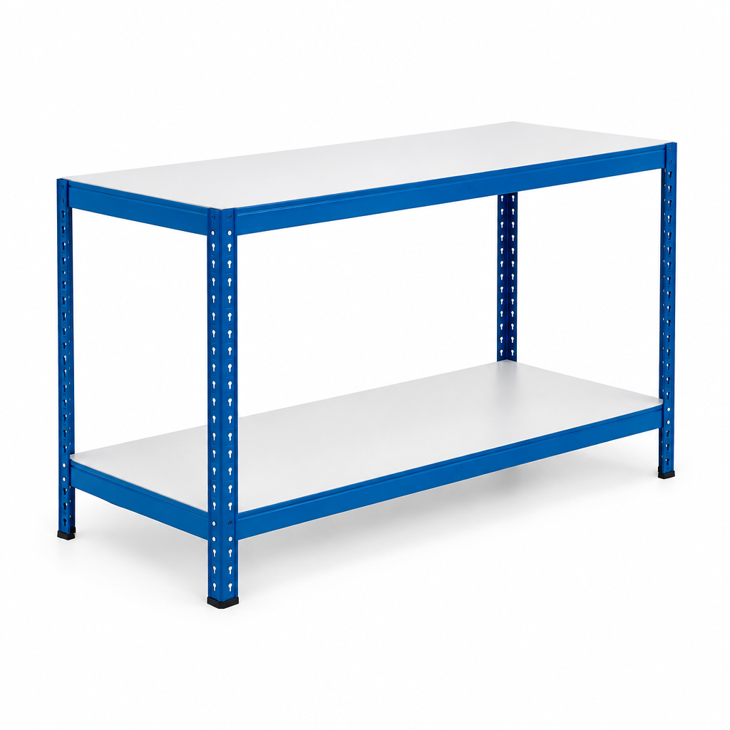 Blue steel workbench with two melamine shelves, alternate view