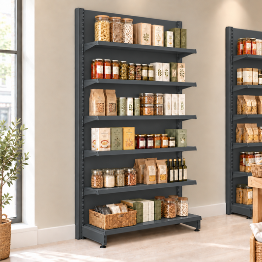 Lifestyle illustration of dark grey retail shelving including solid dark grey back panels in a modern shop. Merchandise, additional bays and end-of-run supports not included.