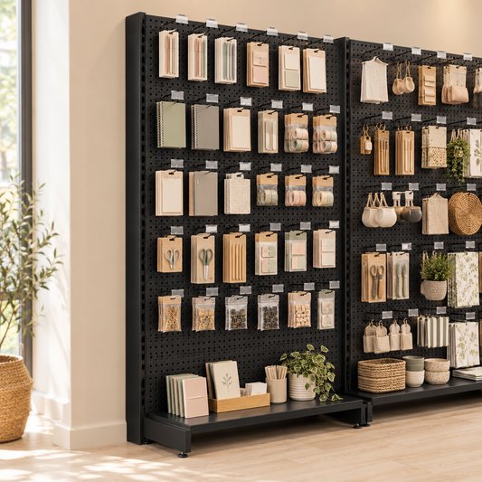 Lifestyle illustration of black perforated retail shelving installed in a shop display with stationery and home accessories. Merchandise and adjoining bay not included.