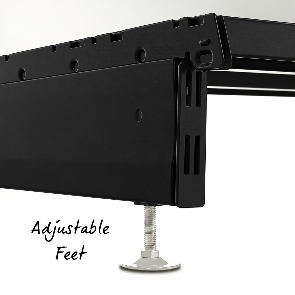 Black modular wall shelving base detail