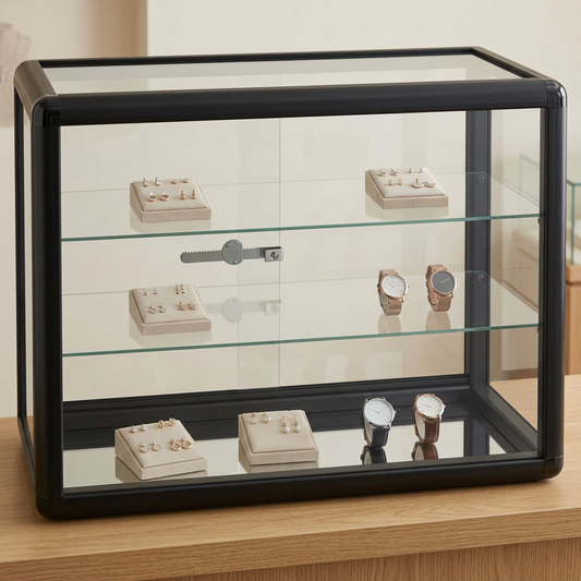 Black glass countertop display cabinet with two shelves and lock displaying jewellery and watches on an oak counter