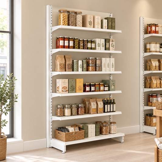 Lifestyle illustration of Jura White shelving in a modern grocery shop. Merchandise, adjoining bays and end-of-run support not included.