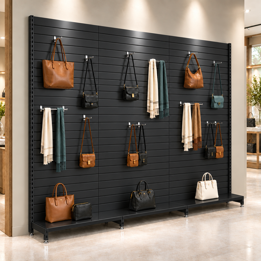 Black slatwall shelving with subtle joins between three bays, displaying handbags and scarves in a premium department-store setting