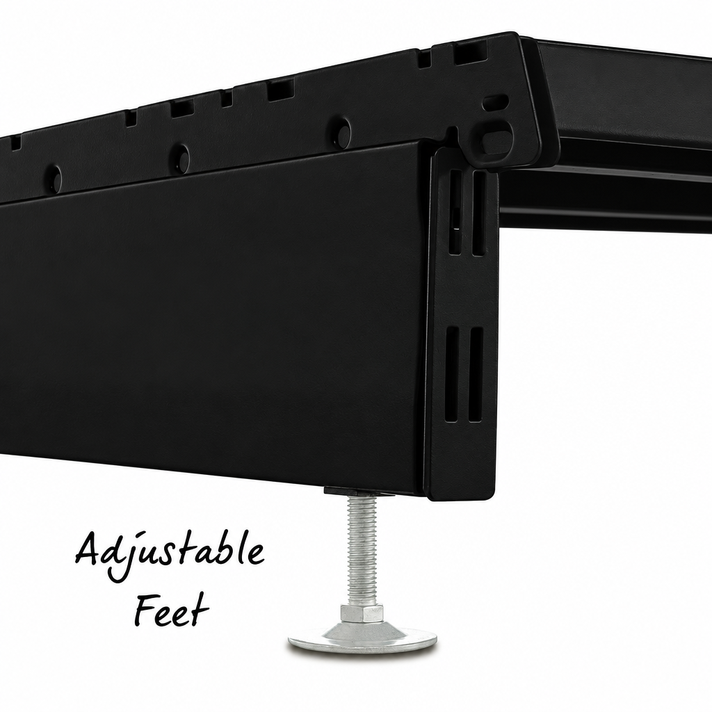 Black base leg and shelf underside with metallic adjustable foot.