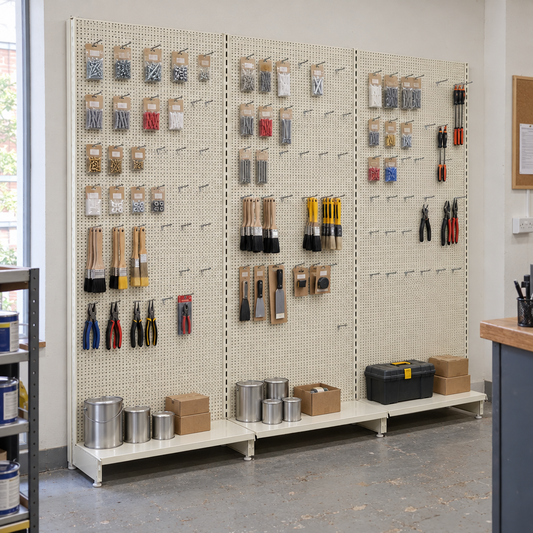 Three connected Jura White perforated wall shelving bays with unbranded fixings, tools and paint tins in an independent DIY shop