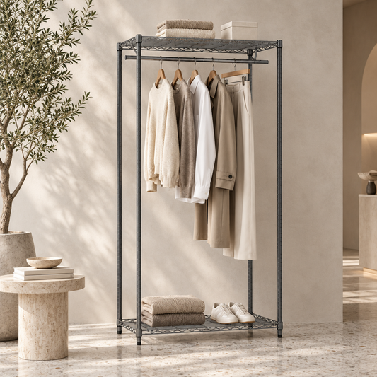 Carbon grey wire clothes rack styled with neutral garments in a minimal concept store with a plaster wall and terrazzo floor