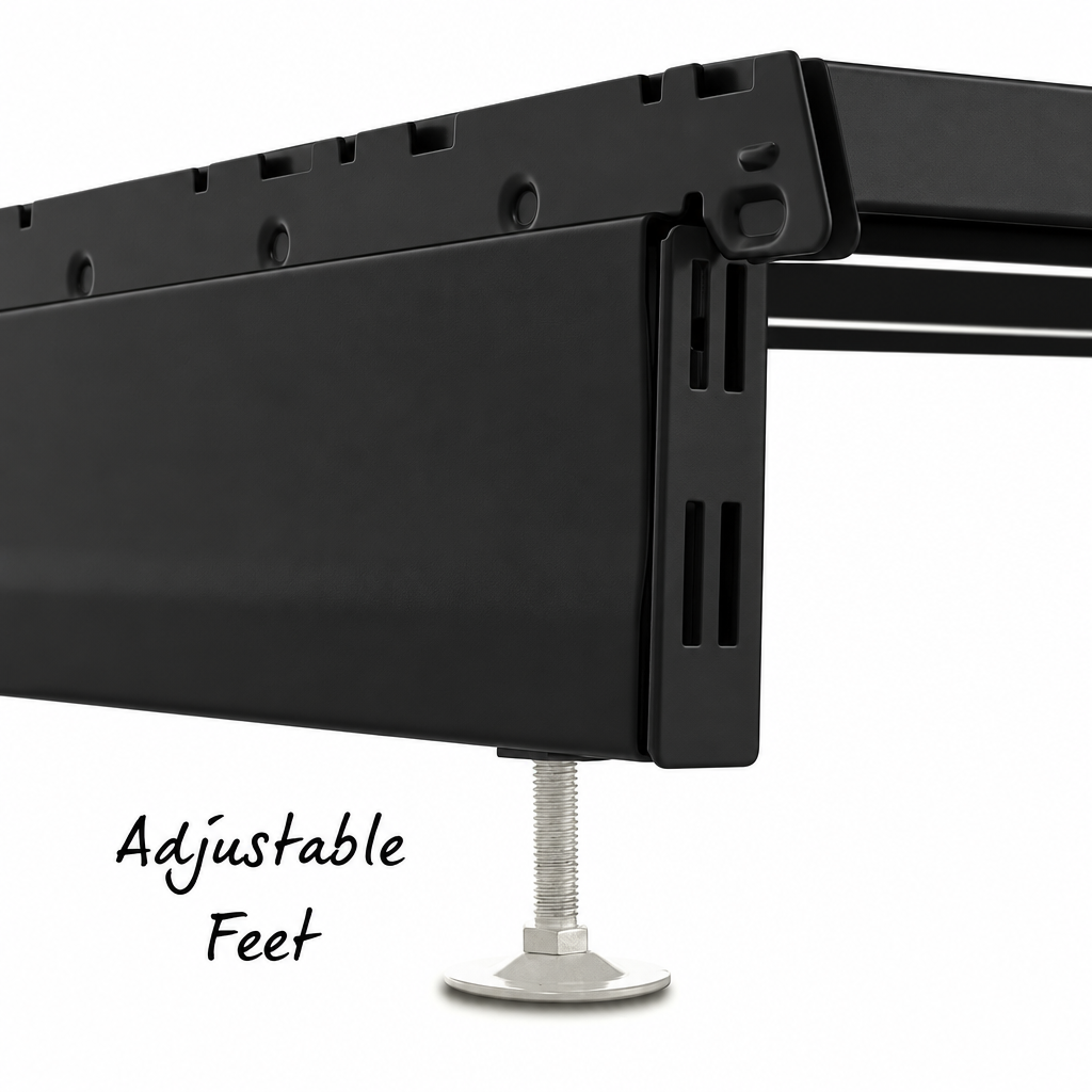Black shelving base and metallic adjustable foot