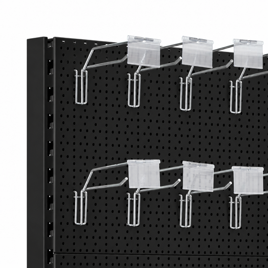 Black perforated back panels with silver hooks and clear ticket holders