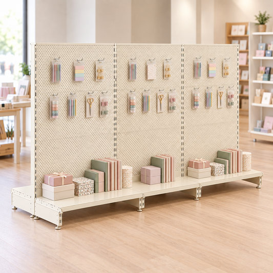 Three connected Jura White perforated gondola bays with matching end legs in a stationery shop. Multiple units and optional accessories shown.