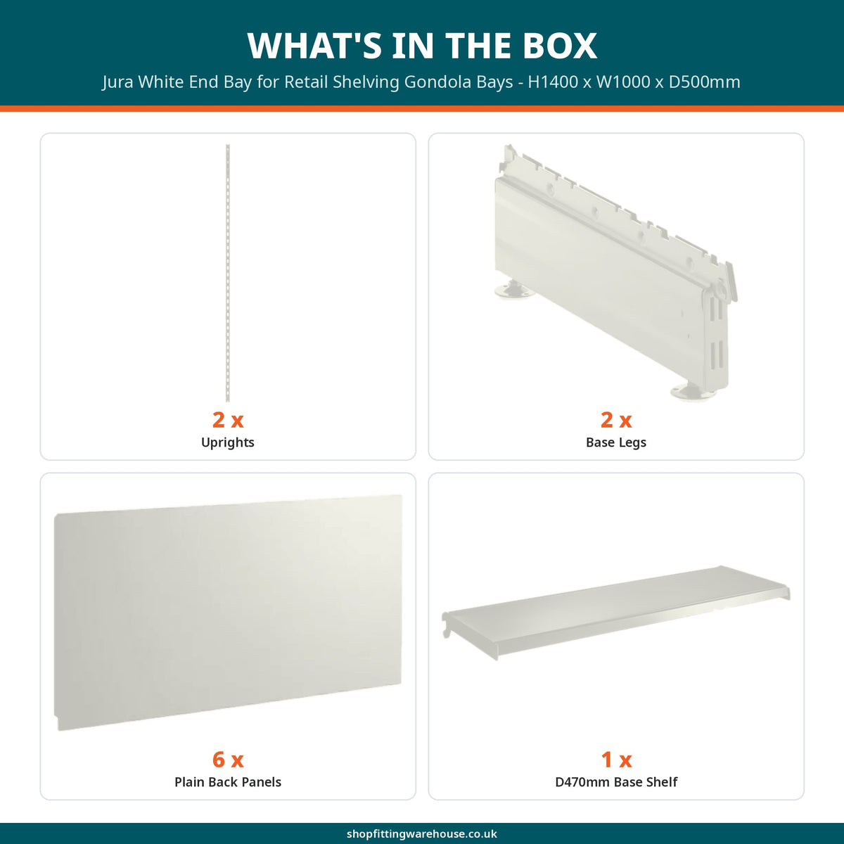 Jura White End Bay for Retail Shelving Gondola Bays - H1400 x W1000 x D500mm