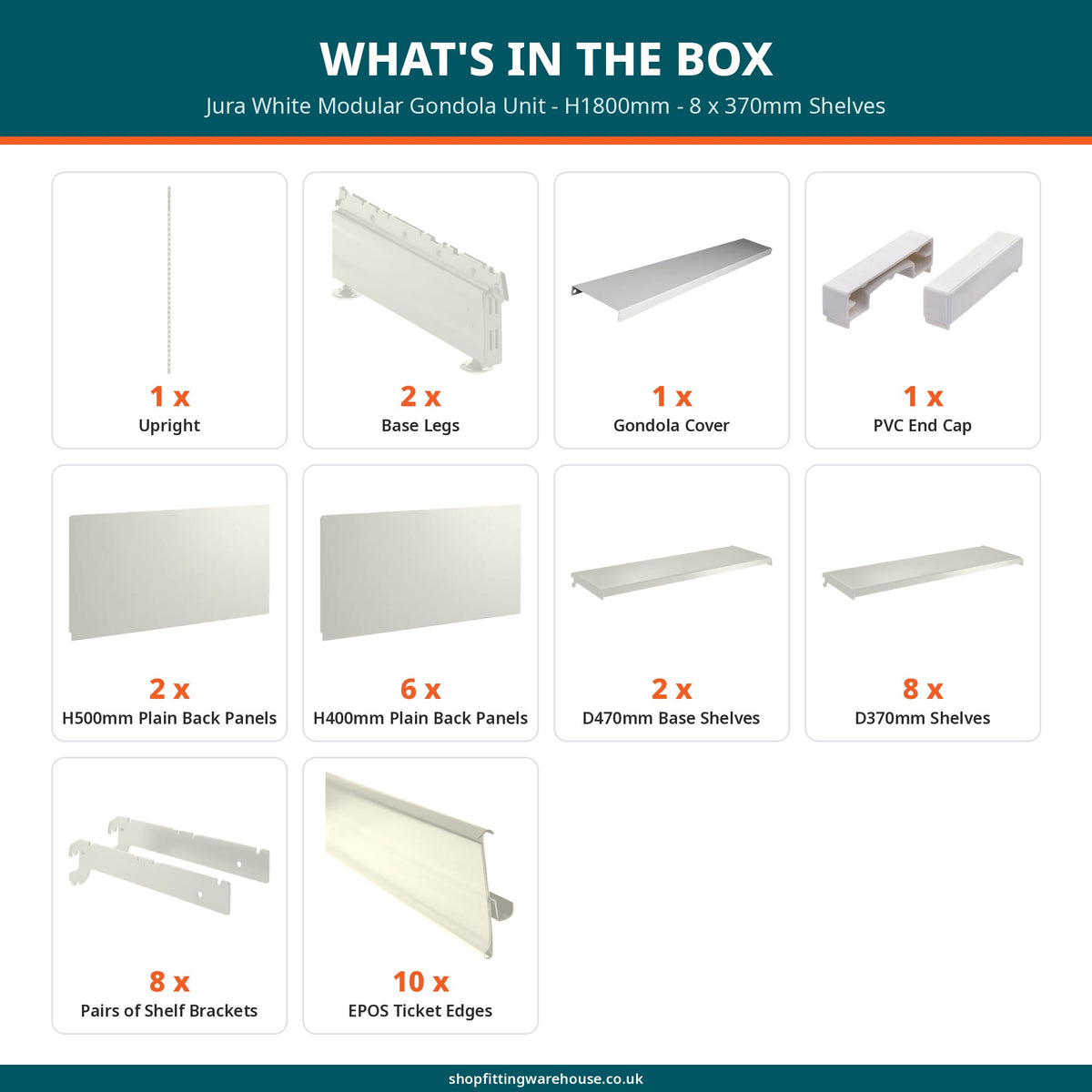 Jura White Modular Gondola Unit - H1800mm - 8 x 370mm Shelves