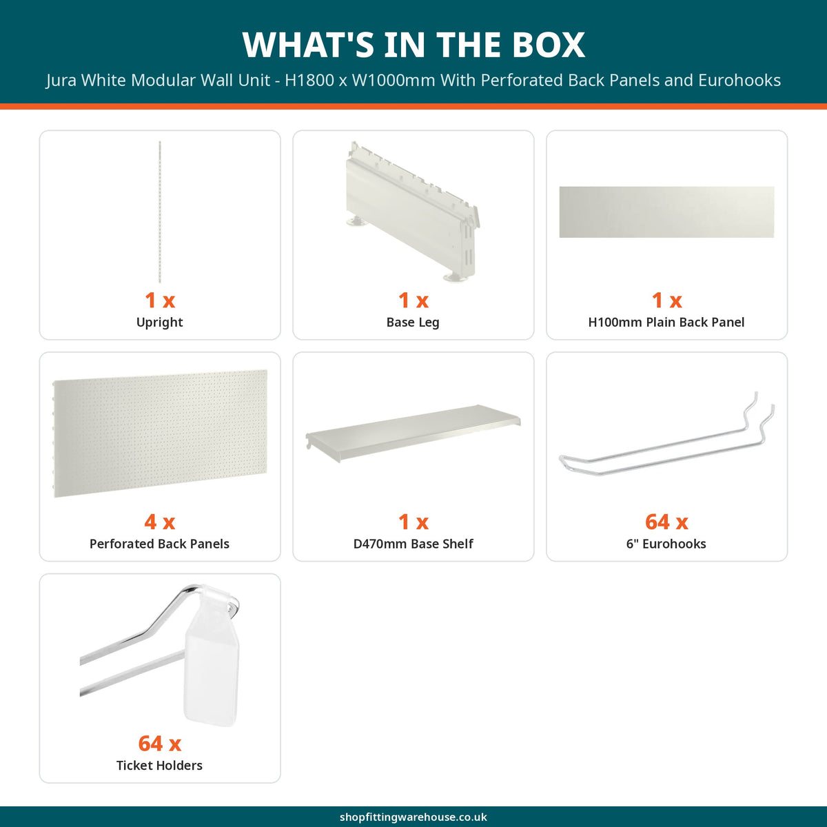 Jura White Modular Wall Unit - H1800 x W1000mm With Perforated Back Panels and Eurohooks