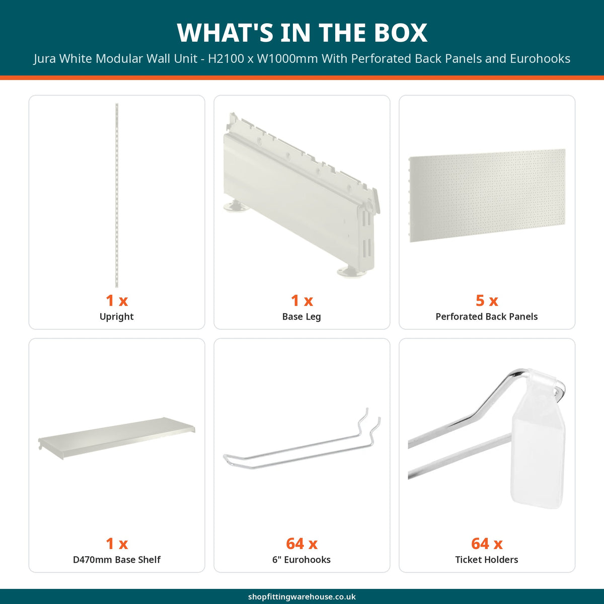 Jura White Modular Wall Unit - H2100 x W1000mm With Perforated Back Panels and Eurohooks