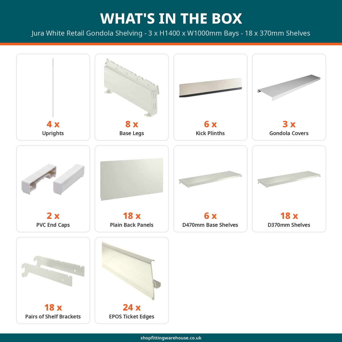 Jura White Retail Gondola Shelving - 3 x H1400 x W1000mm Bays - 18 x 370mm Shelves