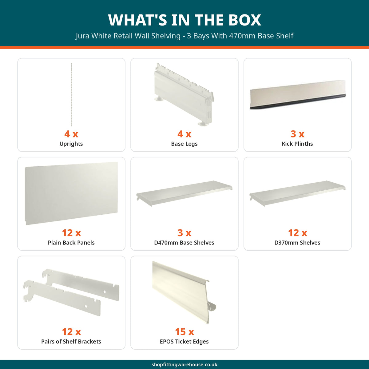 Jura White Retail Wall Shelving - 3 Bays With 470mm Base Shelf