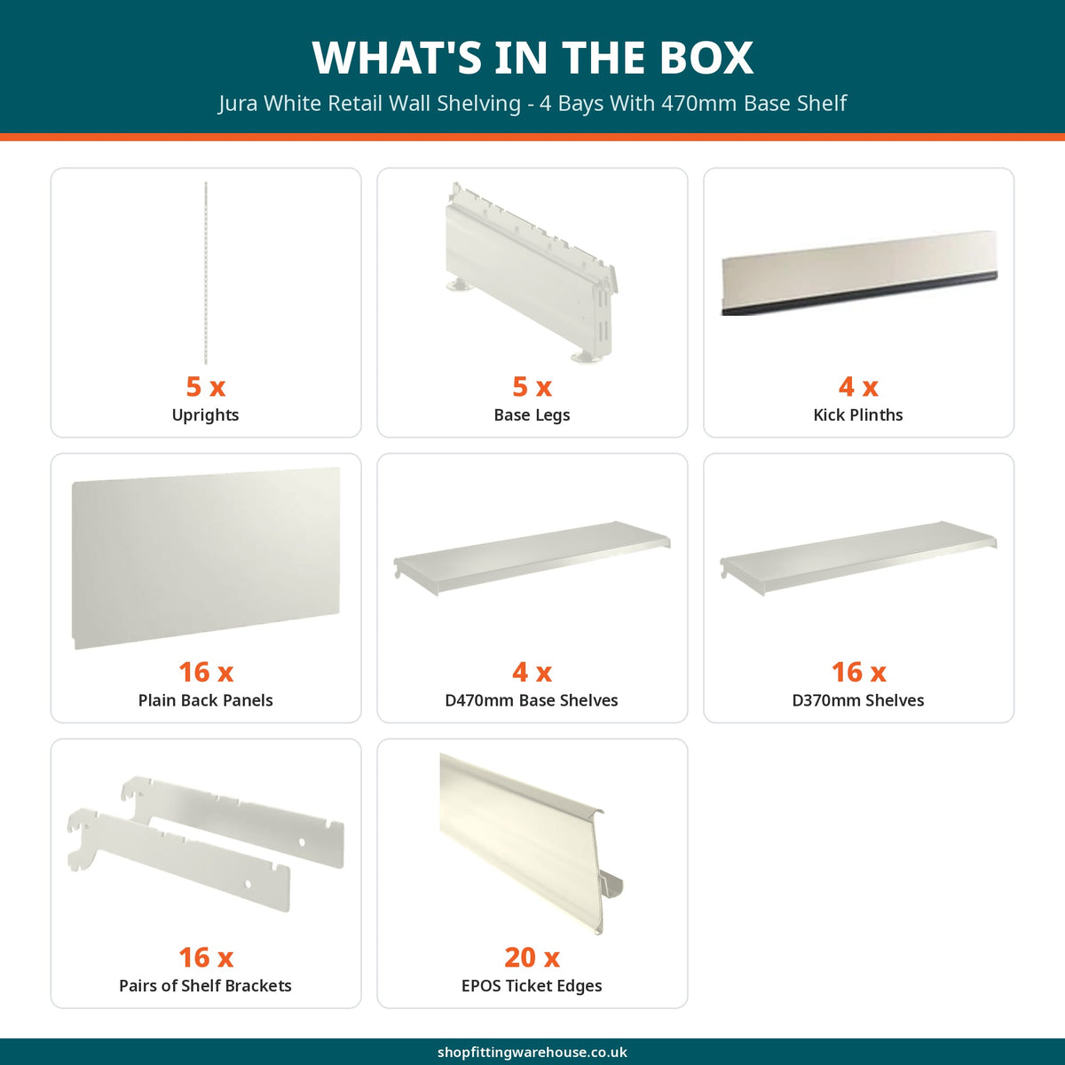 Jura White Retail Wall Shelving - 4 Bays With 470mm Base Shelf