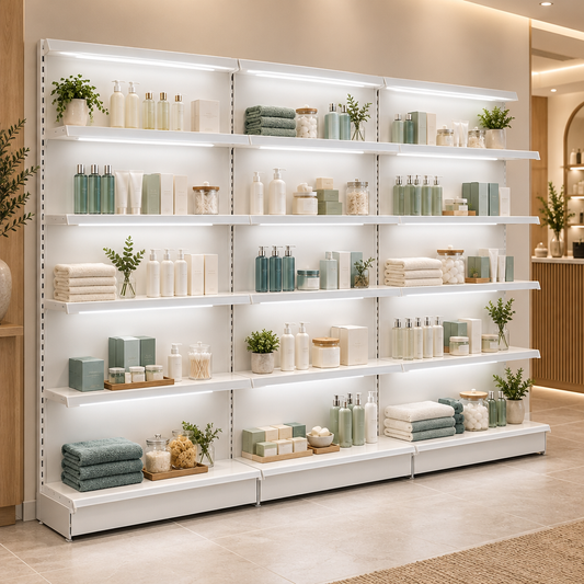 Jura White shelving with LED-lit displays in a premium boutique