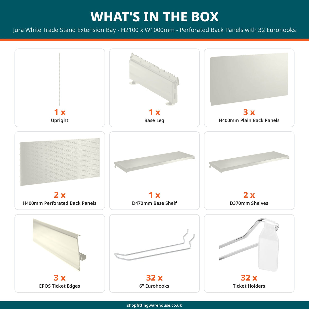 Jura White Trade Stand Extension Bay - H2100 x W1000mm - Perforated Back Panels with 32 Eurohooks