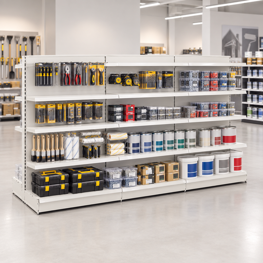 Lifestyle image of the Jura White H1400 x W1000mm gondola shelving in a modern DIY superstore