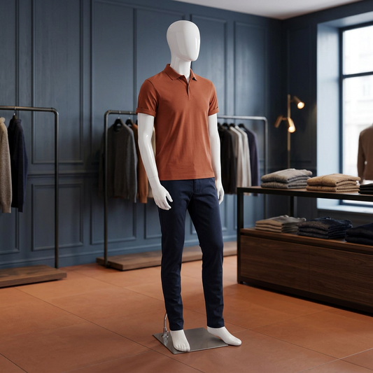 Pop 06 male gloss-white mannequin in a slate-blue menswear boutique
