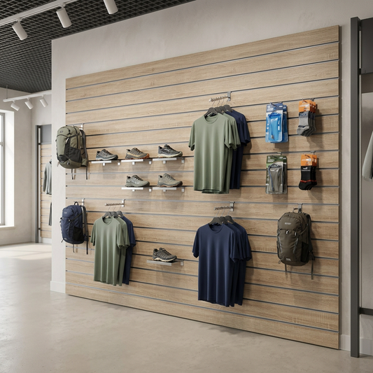 Rustic Oak slatwall lifestyle in a sports and outdoor retail shop