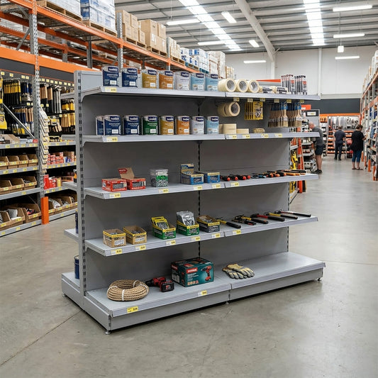 Silver Retail Gondola Shelving - H1800mm - 2 Bays With 470mm Base Shelf - 16 Shelves