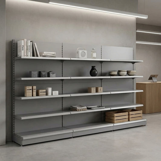 Silver Retail Wall Shelving - 3 Bays With 470mm Base Shelf