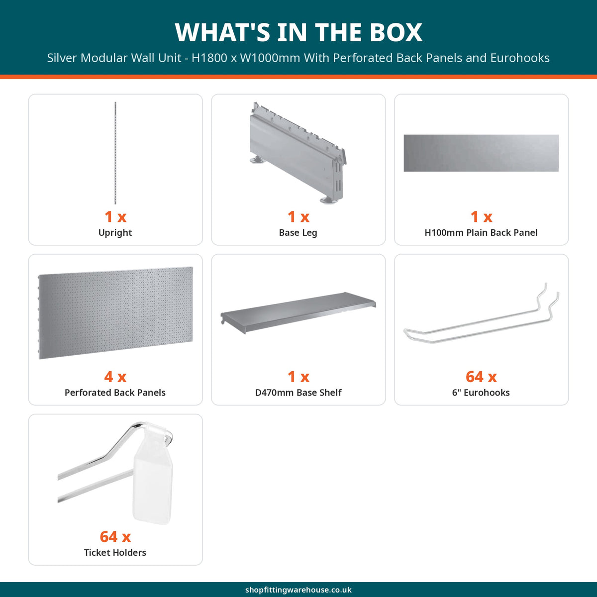 Silver Modular Wall Unit - H1800 x W1000mm With Perforated Back Panels and Eurohooks