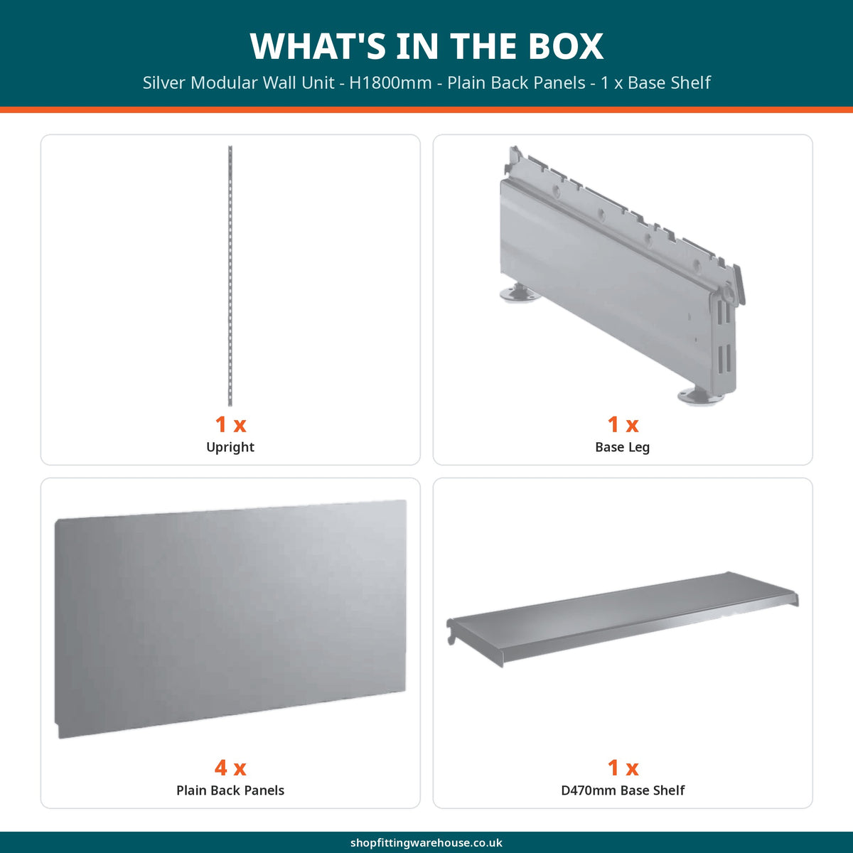 Silver Modular Wall Unit - H1800mm - Plain Back Panels - 1 x Base Shelf