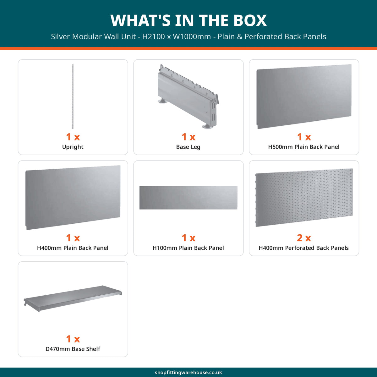 Silver Modular Wall Unit - H2100 x W1000mm - Plain & Perforated Back Panels