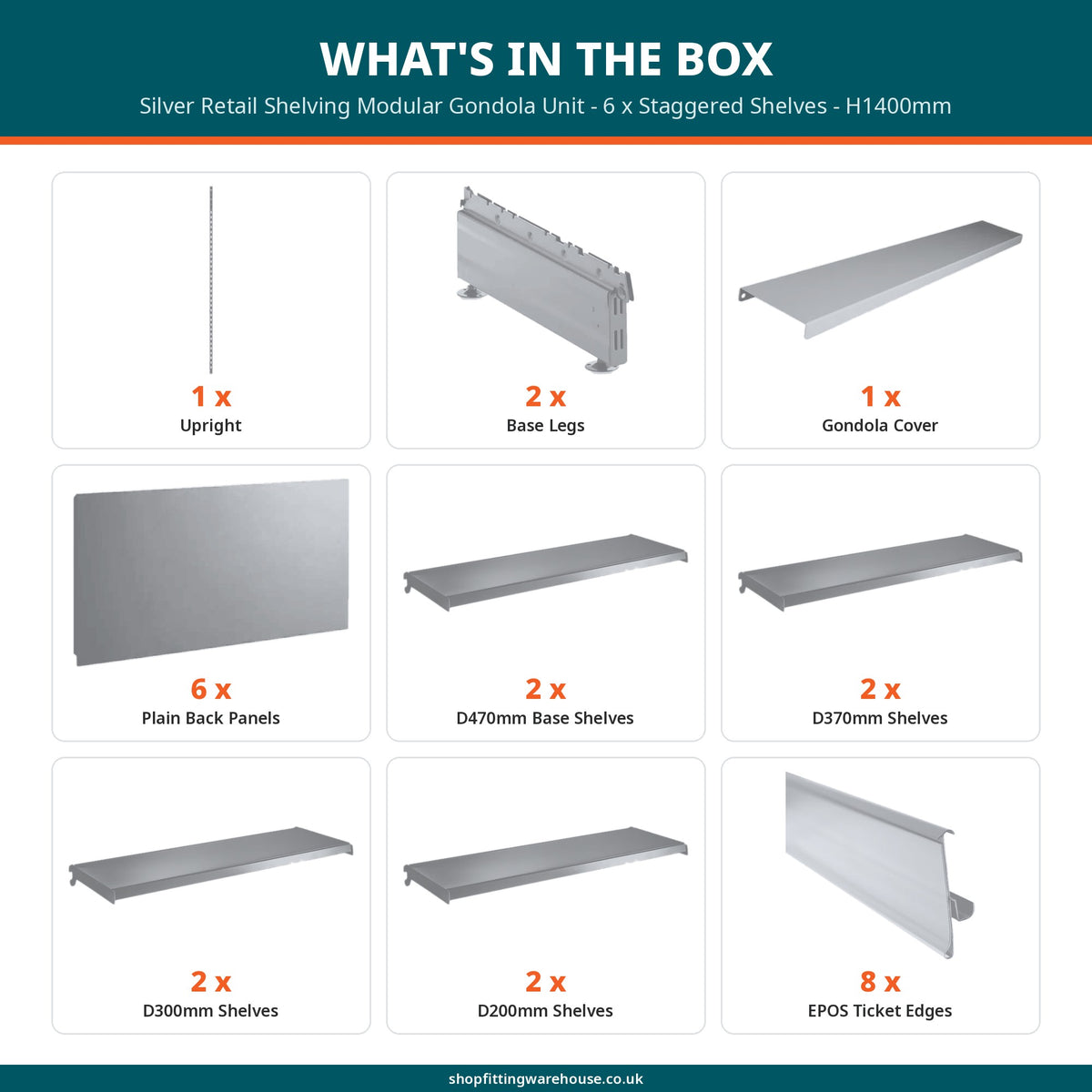 Silver Retail Shelving Modular Gondola Unit - 6 x Staggered Shelves - H1400mm