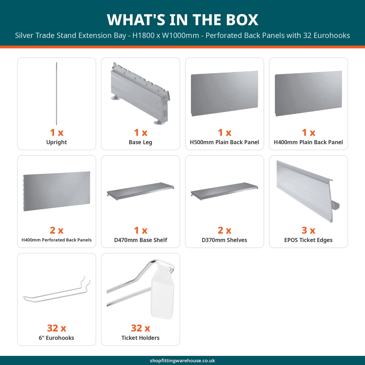 Silver Trade Stand Extension Bay - H1800 x W1000mm - Perforated Back Panels with 32 Eurohooks